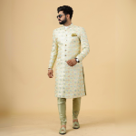 Regal Lemon-Yellow Thread Embroidered Sherwani | Father Son Combo | Perfect Groom Wear Achkan